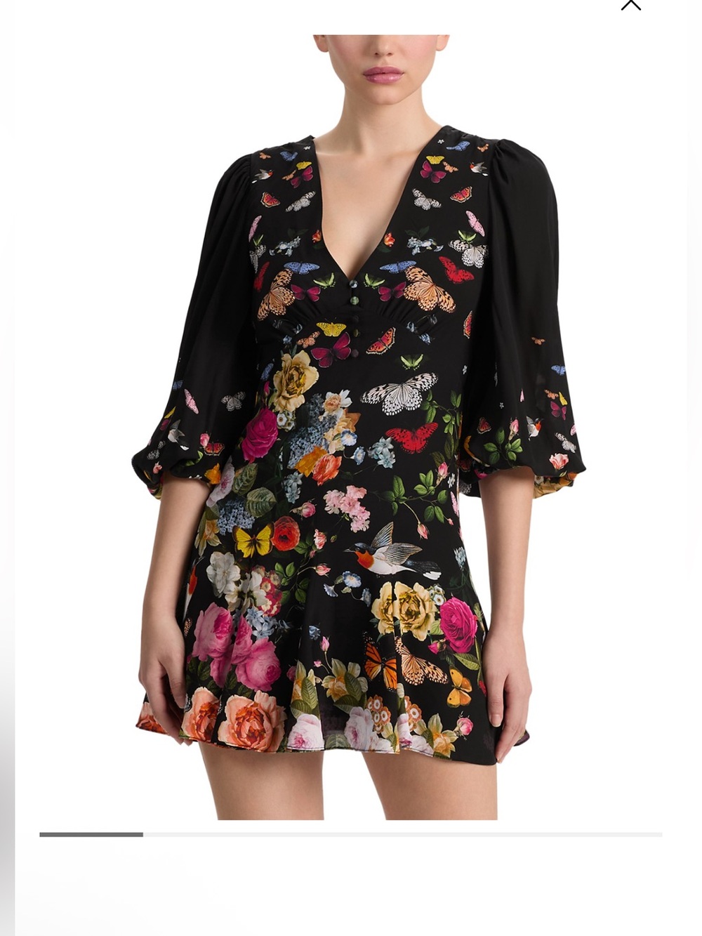 Alice +Olivia Irene Floral Butterfly Empire Mini Dress with Puff Long Sleeve